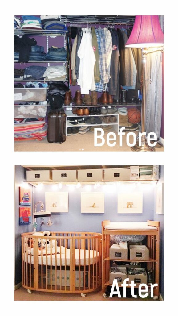 before picture of a man's closet and after of a child's nursery