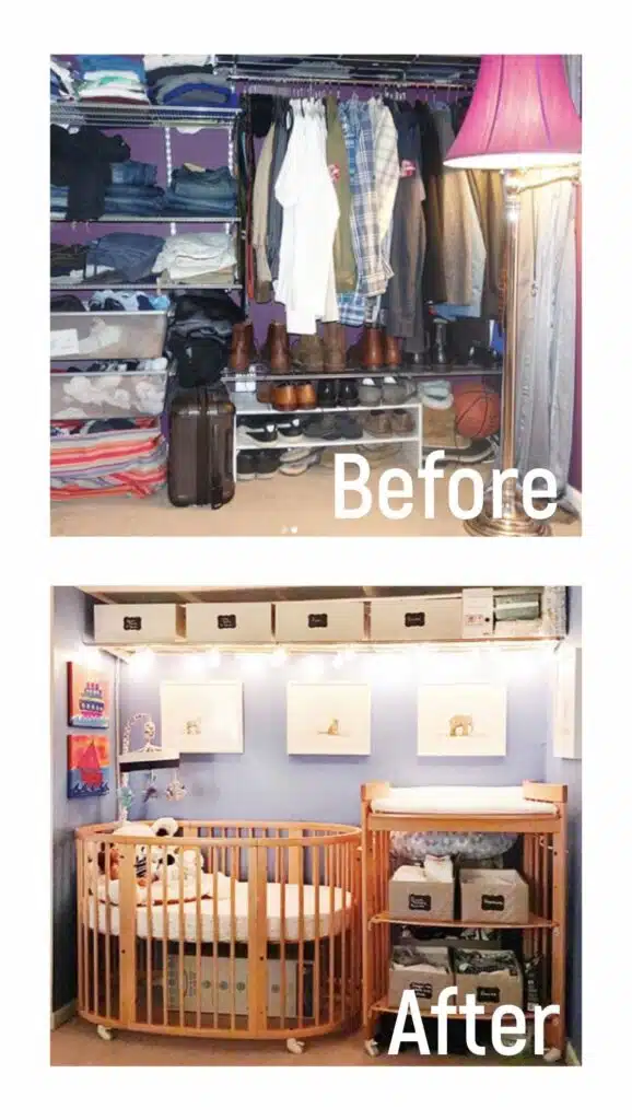 before picture of a man's closet and after of a child's nursery