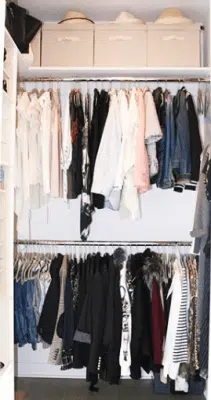 organized wardrobe, bins, hats, how to organize a range of clothes sizes, hanging clothes, Done and Done 