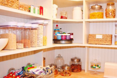 pantry with bins, lazy susan and baskets