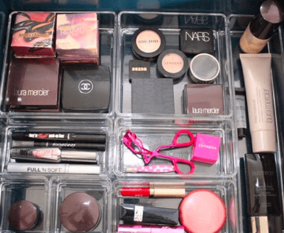makeup in a divided drawer