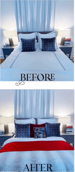 Before and After photos of a holiday decorated bedroom