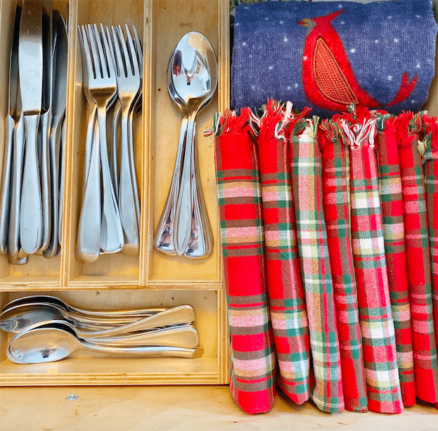 holiday dish towels in a drawer