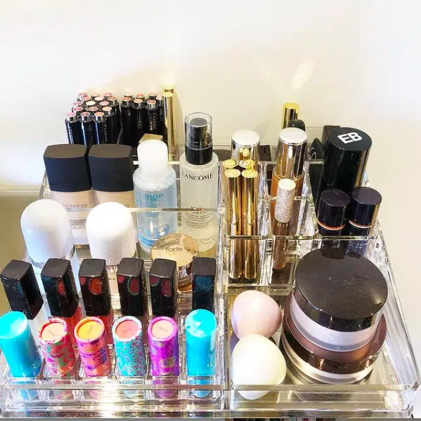 decluttered cosmetics displayed in a bin