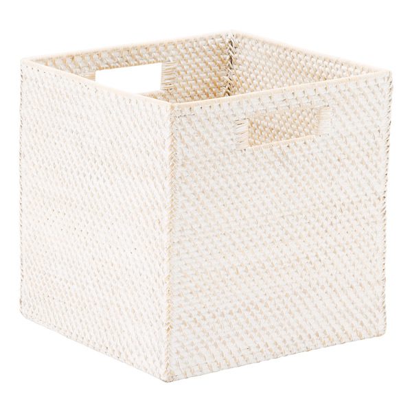 Whitewash Rattan Storage Cube With, Cube Bookcase With Bins