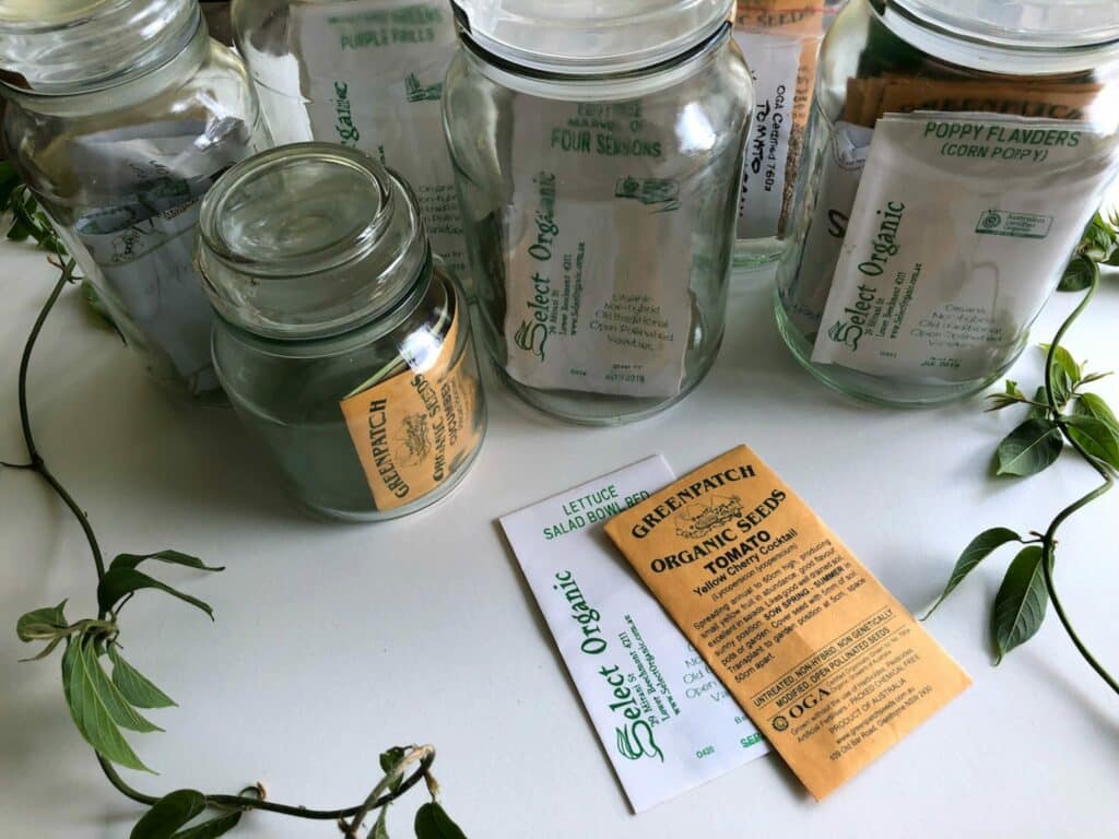 seed packets and glass jars on a counter