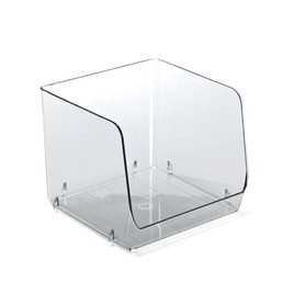 an acrylic stackable bin with open front for easy snacking
