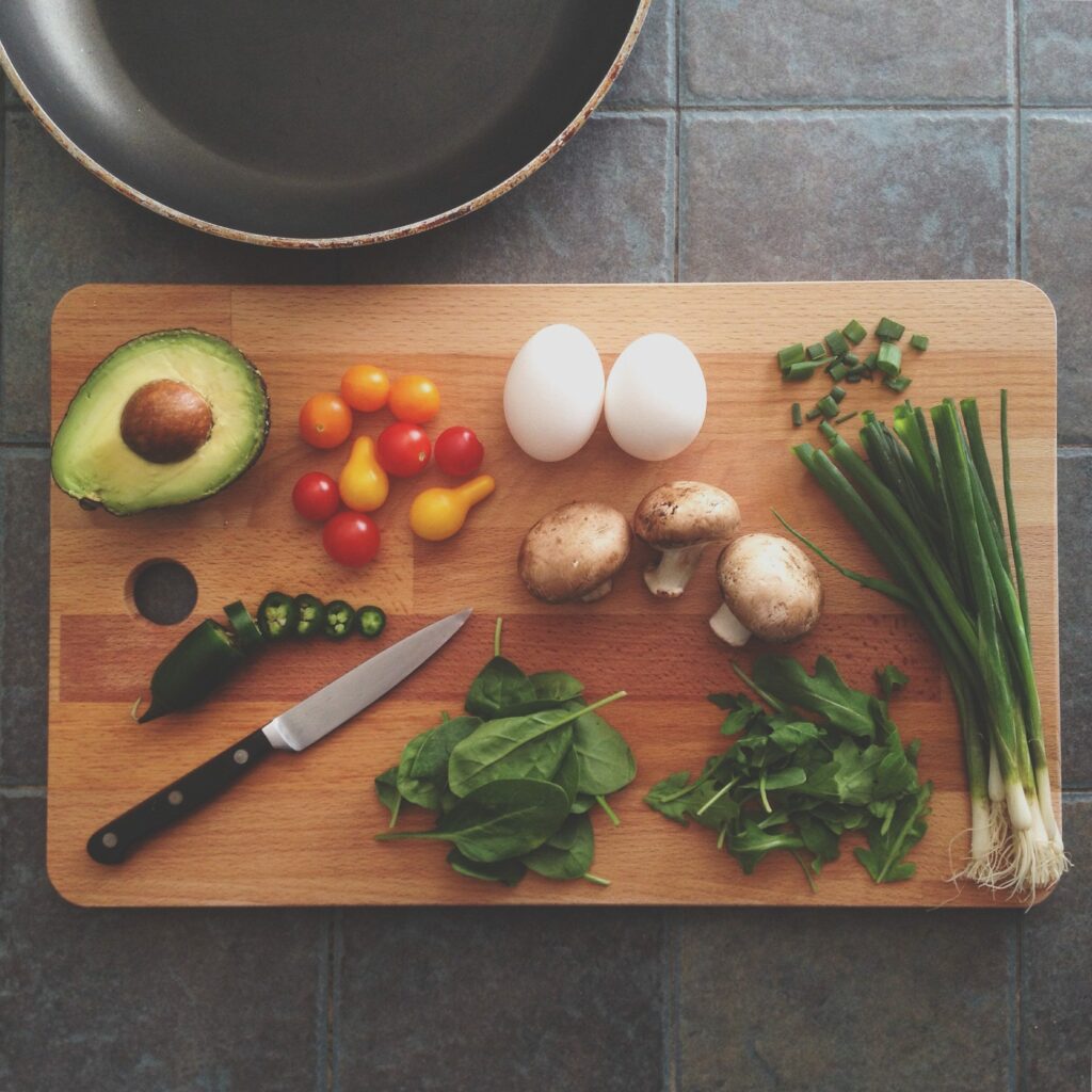 Food prep on a wooden cutting board